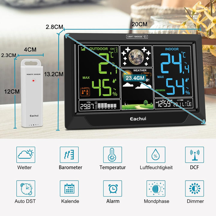 Eachui Wetterstation Funk mit Aussensensor Grosses Farbdisplay Funkwetterstation mit Wettervorhersag