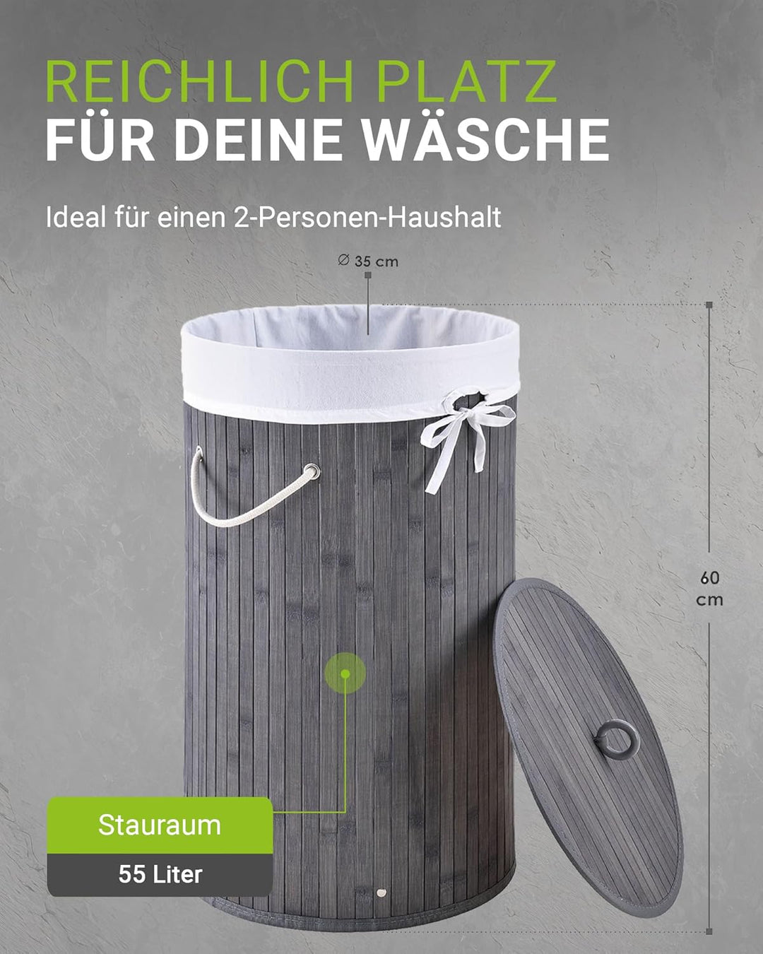 Juskys Bambus Wäschekorb Curly-Round Grau 55L - Hygienischer & Faltbarer Wäschekorb mit Deckel, Trag
