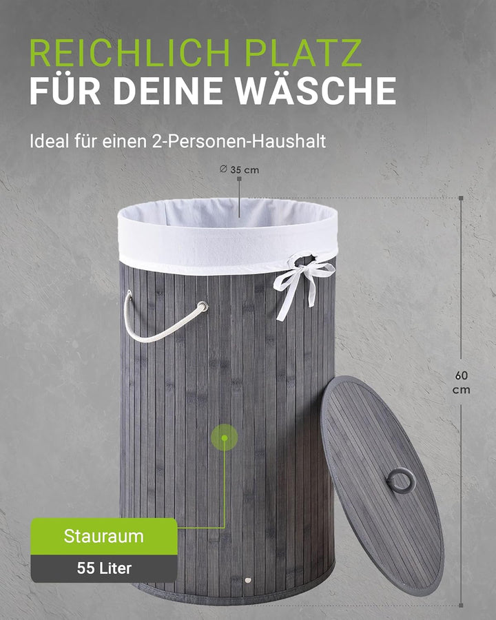 Juskys Bambus Wäschekorb Curly-Round Grau 55L - Hygienischer & Faltbarer Wäschekorb mit Deckel, Trag