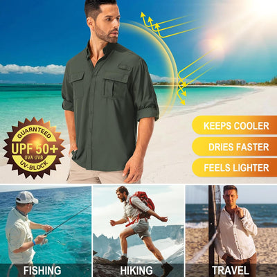 Hemd Herren Safari UPF50+ UV Schutz Wanderhemd Herren Langarm Funktionshemd Outdoorhemd Atmungsaktiv