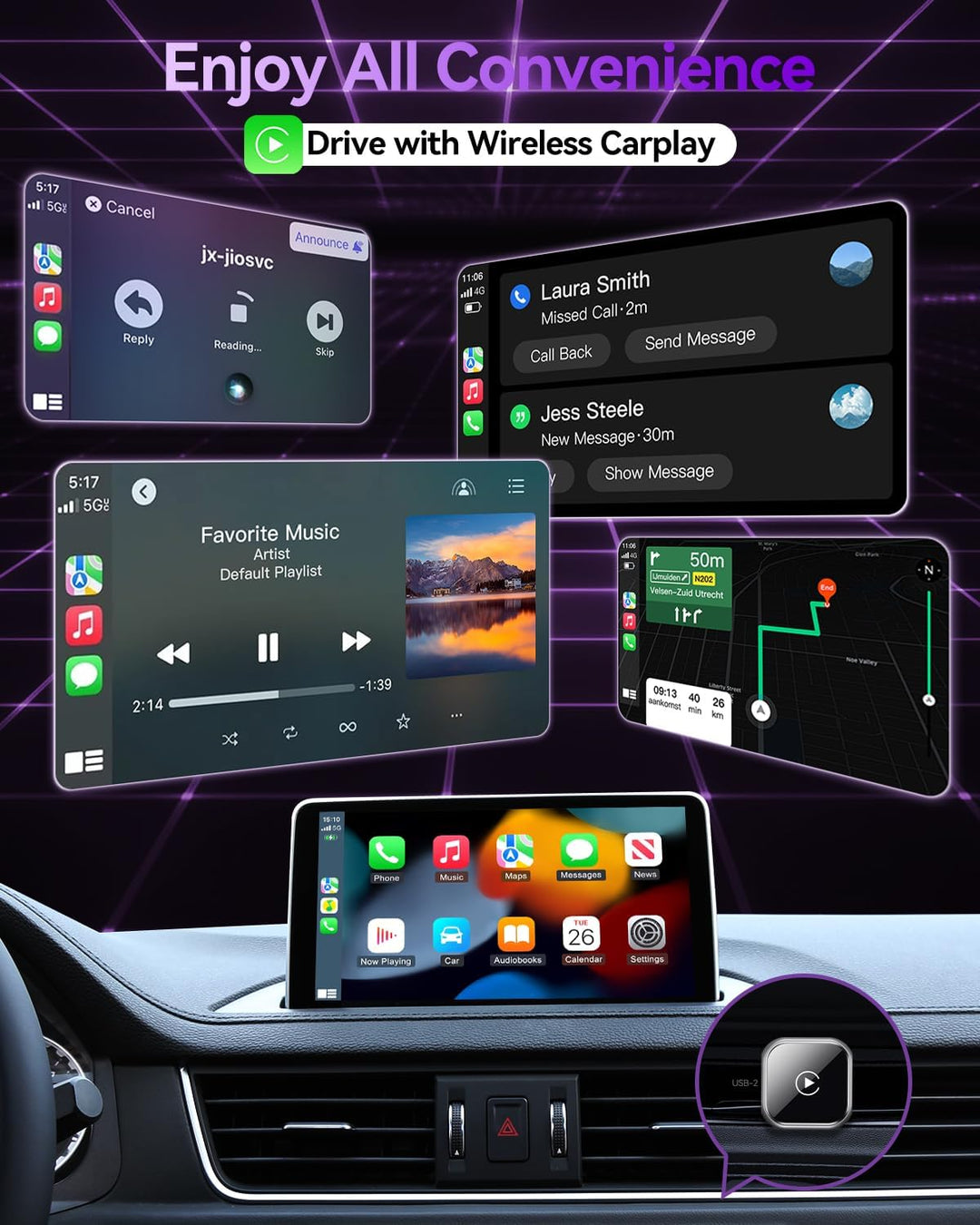 CarPlay Wireless Adapter Upgrade von Wired CarPlay auf Wireless (2026 Aktualisiert), Mini-USB-Design