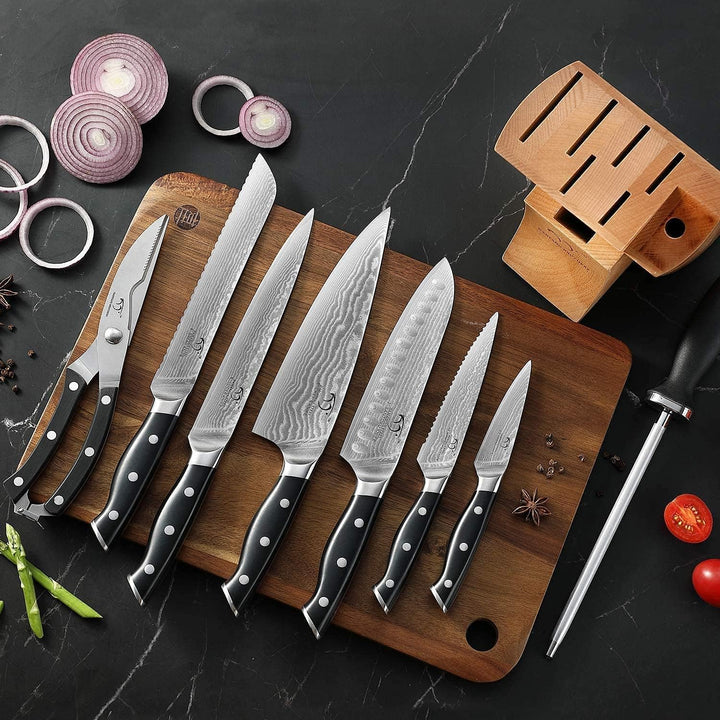 Damastmesser küchenmesser Set mit Buchenholzmesserblock, Messerblock mit Messer Scharfem Profi Kochm