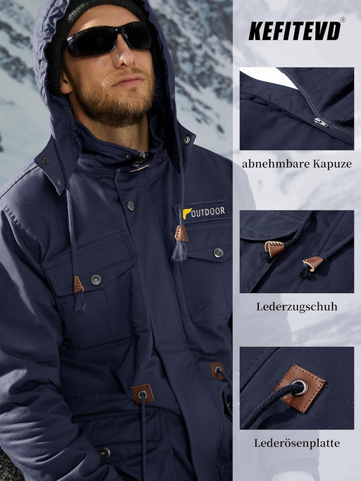 KEFITEVD Winterparka Herren Fleece Gefüttert Winterjacke mit Viele Taschen Kapuze Warm Winter Mantel