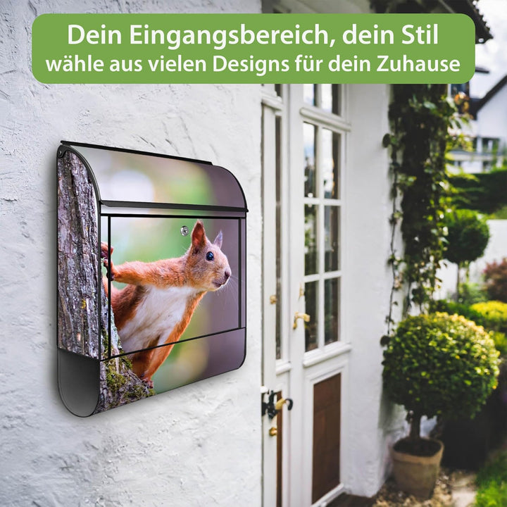 banjado® Design Briefkasten mit Motiv Eichhörnchen 39x47x14cm &amp; 2 Schlüssel - Briefkasten Stahl schw