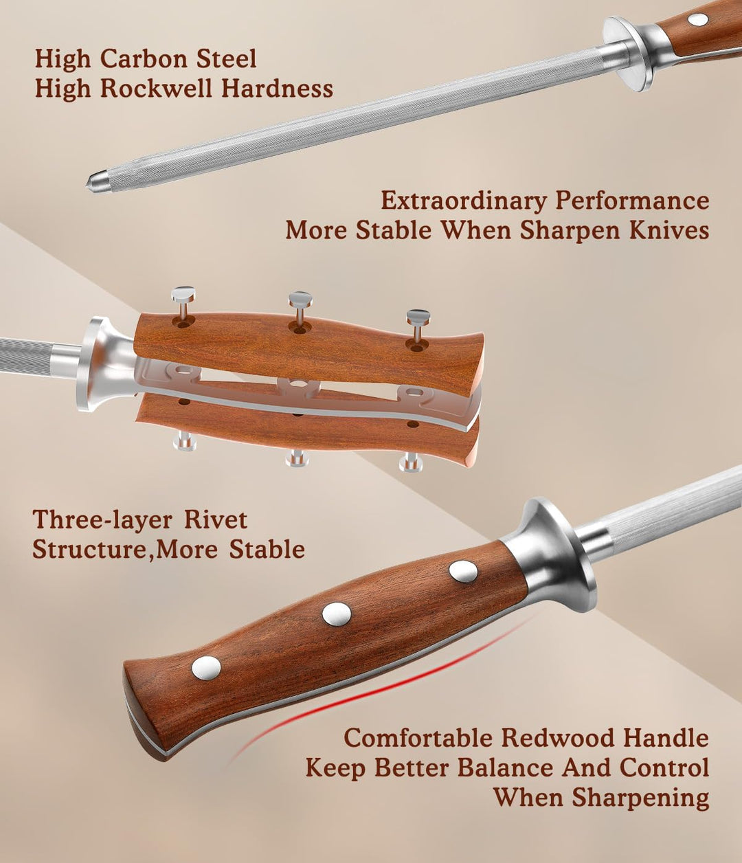 HEZHEN Wetzstab aus Hartstahl，Hochwertiger Messerschärfen, Wetzstab für Küchenmesser, Honingstab mit