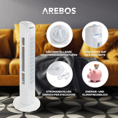 Arebos Turmventilator | 50 Watt | 60°-Oszillation | 3 Geschwindigkeitsstufen | Ventilator mit Trageg