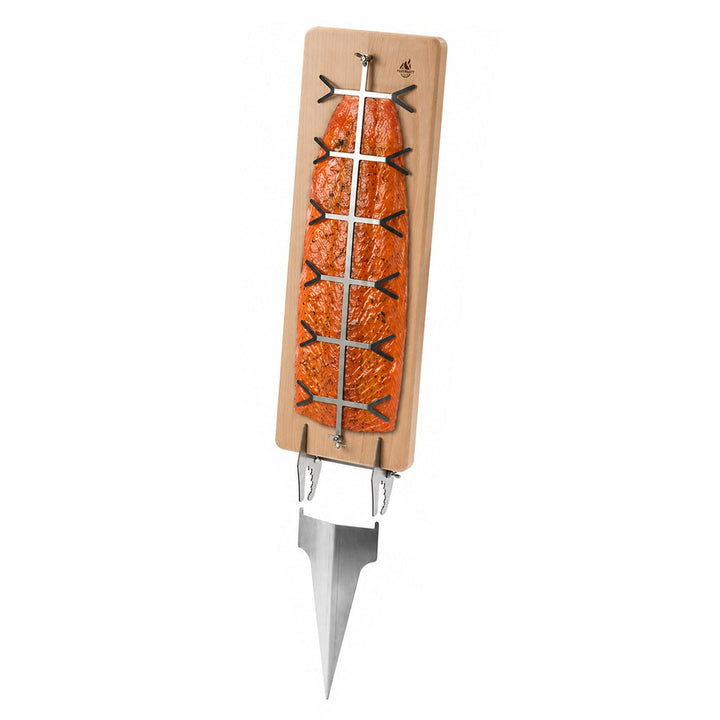 Flammlachsbrett Premium - Buchenholz mit Edelstahl-Halterung zum Grillen und Räuchern von Lachs, For