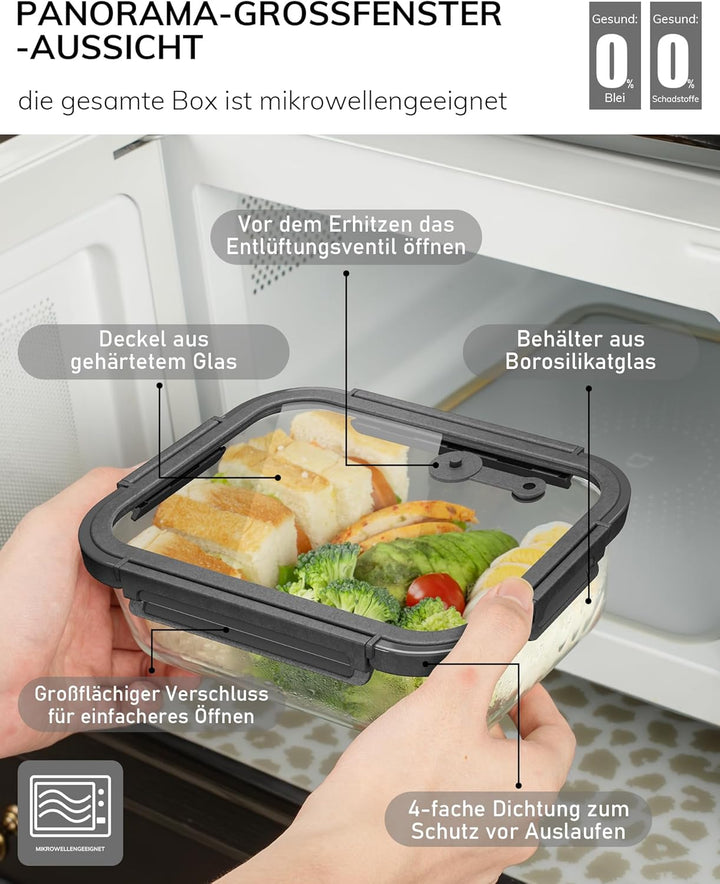 5er-Pack Borosilikatglasbehälter mit gehärtetemDeckel, 1040 ml/ 4,4 Tassen, luftdichtes Mahlzeiten-V