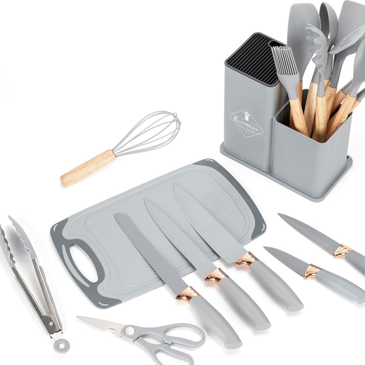 EliteHoff Küchenmesser-Set 19-teilig – Silikon-Küchenutensilien-Set mit Holzgriffen, 5 Messer, 12 Ko