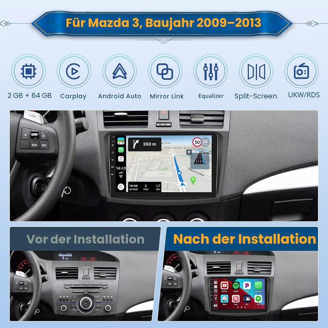 Android 15 Radio für Mazda Axela 3 2010-2013 mit Wireless CarPlay Android Auto 2+64G, 9 Zoll Bildsch