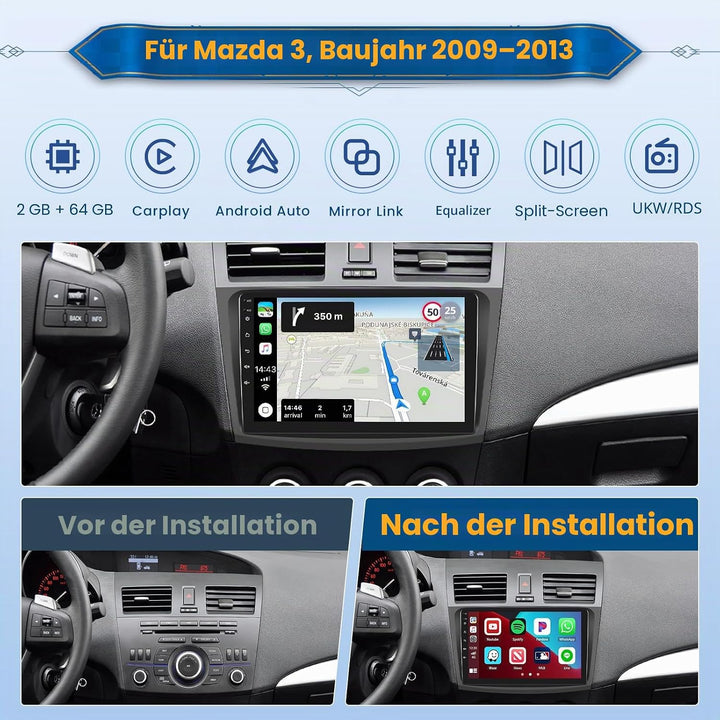 Android 15 Radio für Mazda Axela 3 2010-2013 mit Wireless CarPlay Android Auto 2+64G, 9 Zoll Bildsch