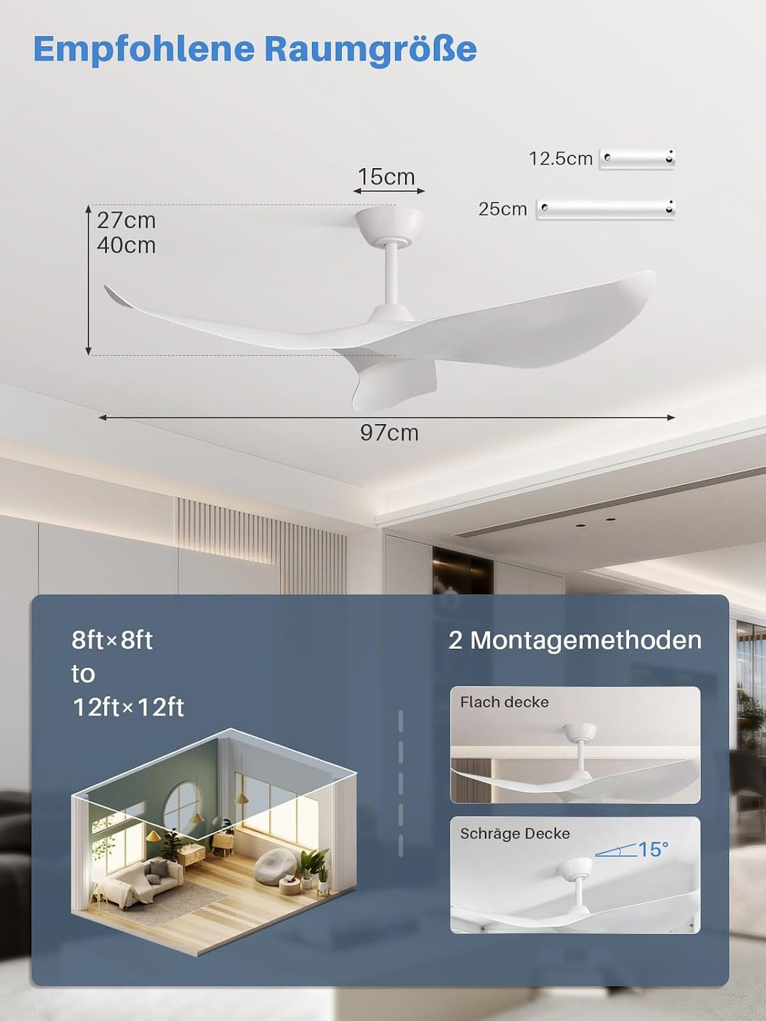 Sofucor Deckenventilator mit Fernbedienung, 97cm Deckenventilator für Schlafzimmer, 3 Flügeln, 6 Ges