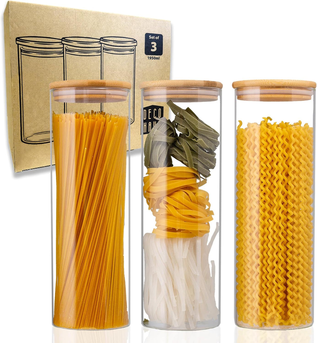 Deco haus® Spaghetti Aufbewahrung 3er Set - Vorratsgläser mit Deckel + Etiketten [LUFTDICHT] - Für M