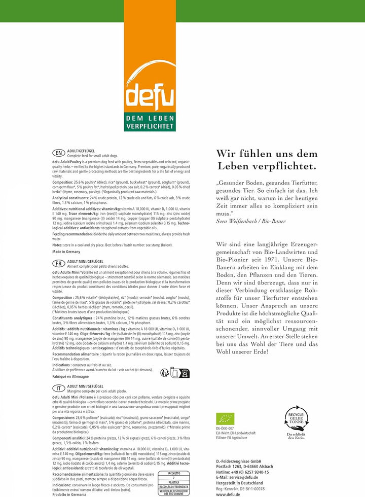 defu Hund | Adult Mini Bio Geflügel | Premium Bio Trockenfutter | Hundefutter für kleine, ausgewachs