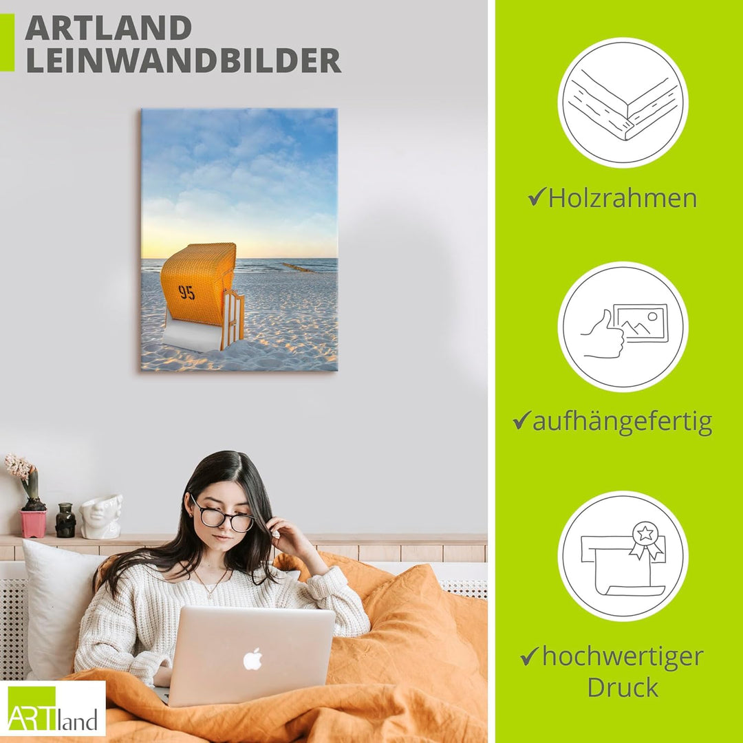 ARTland Leinwandbilder Wandbild Bild auf Leinwand 60x80 cm Strand Meer Strandkorb Küste Ostsee Marit