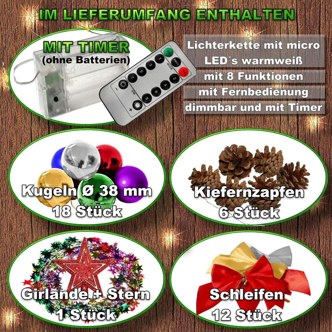 Weihnachtsbaum künstlich (WBD) 75 cm grün mit Weihnachtsdeko bunt und Led Lichterkette mit Batterieb