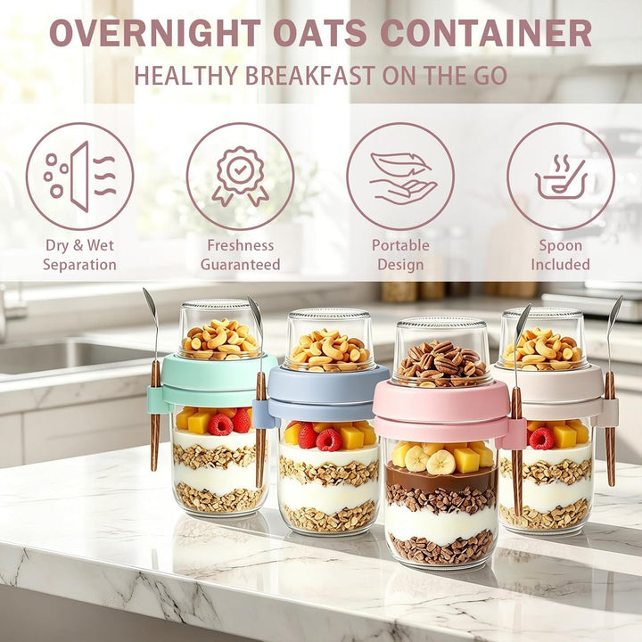 Müslibecher to Go, 480ml+120ml Overnight Oats Gläser, Doppelschicht Joghurtbecher Mit Edelstahlöffel