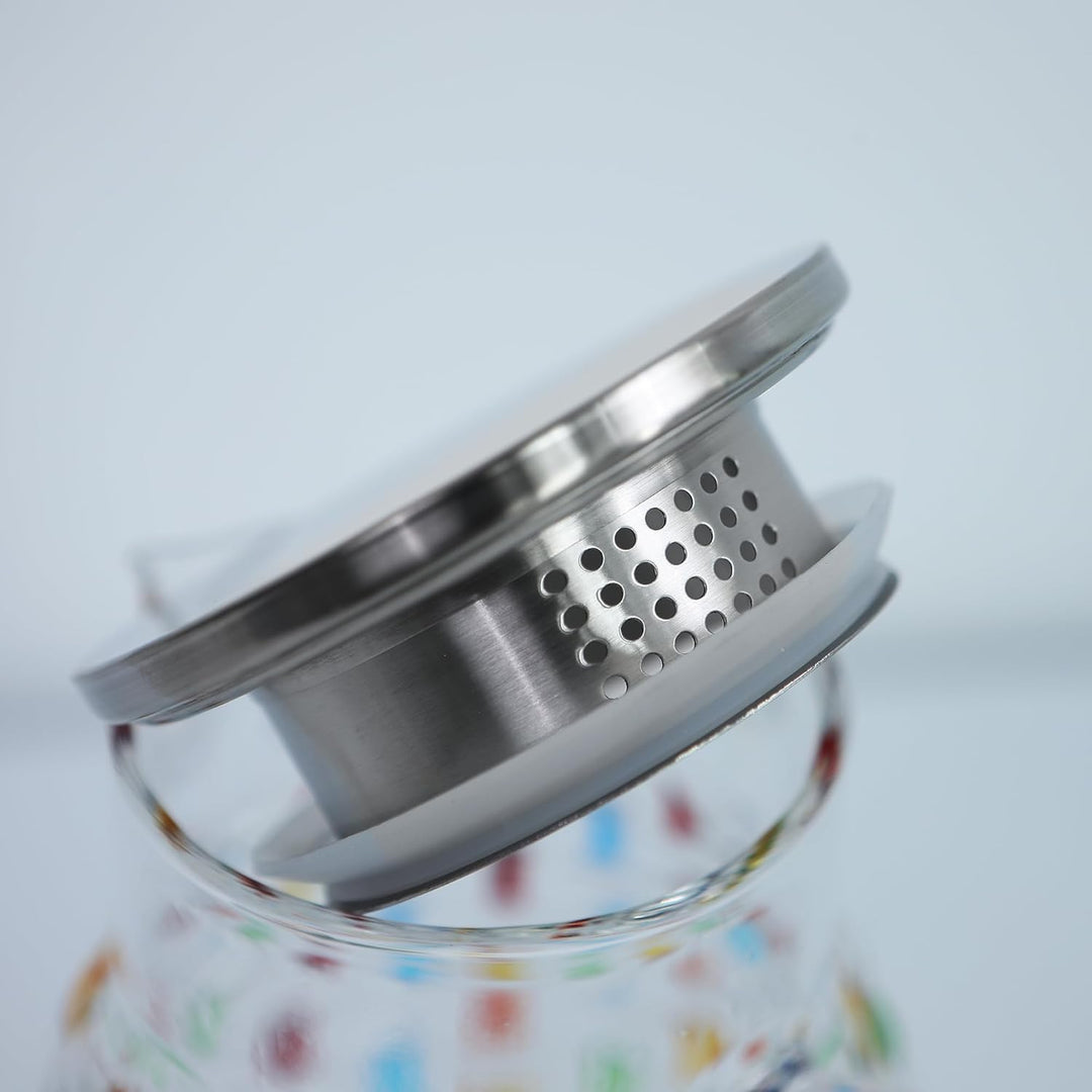 Handbemalter bunter Kristallglas-Krug mit Edelstahldeckel – buntes Webdesign, Wasserkrug, Karaffe, E