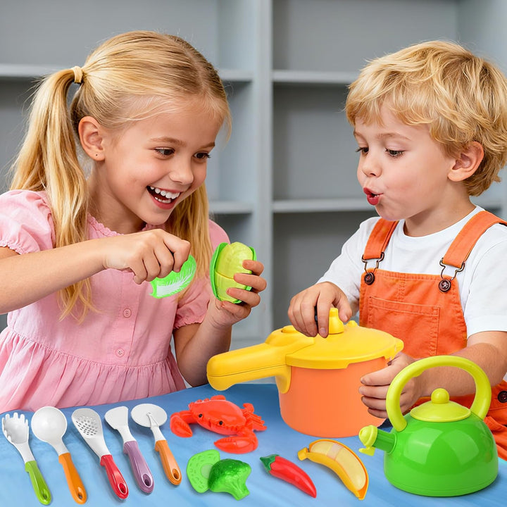 Kinderküche Zubehör,Kinderküche Kochgeschirr Mit Töpfe Pfannenset, Gemüse,Obst Lebensmittel Spielzeu