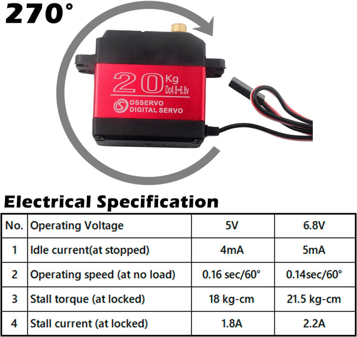 Wishiot RC Digital Servo 20KG wasserdichtes Servo Full Metal Gear 270 Grad für DIY Baja Car Crawler