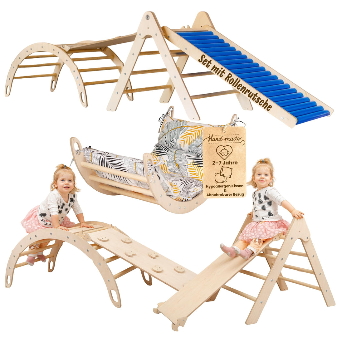 WoodsCraft 4in1 Set: Kletterdreieck mit Rutsche Indoor/Klettern Rampe, Rollenrutsche & Kletterbogen