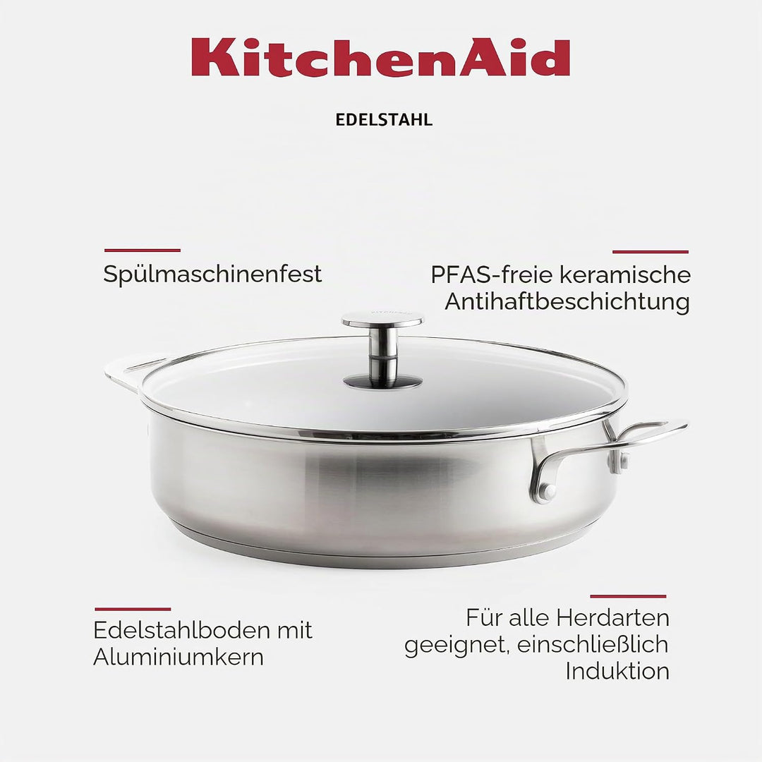 KitchenAid Stainless Steel Schmorpfanne (28cm/4,3l), PFAS-freie keramische Antihaftbeschichtung, bes