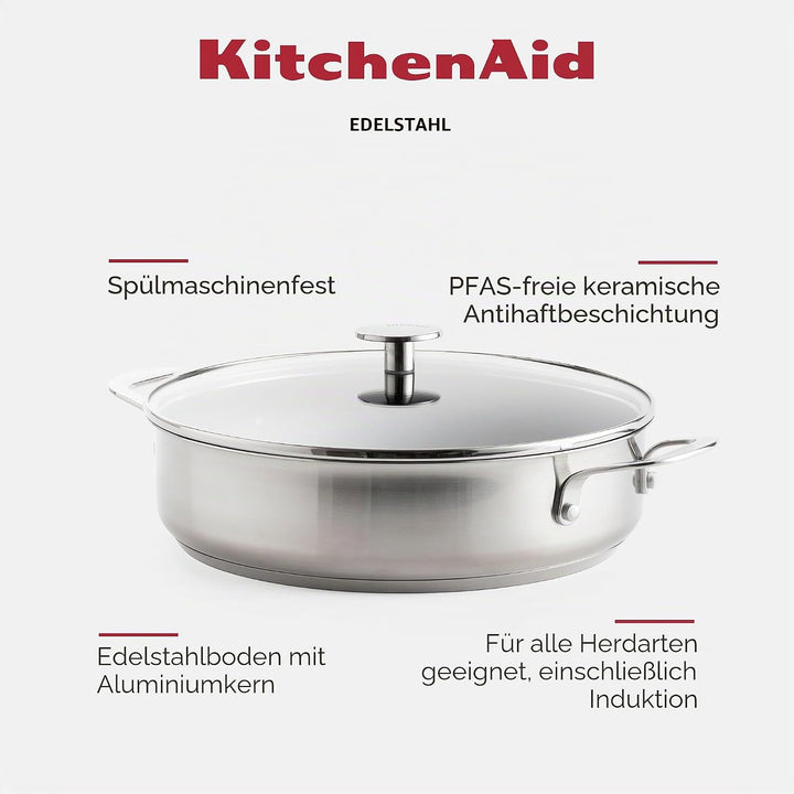 KitchenAid Stainless Steel Schmorpfanne (28cm/4,3l), PFAS-freie keramische Antihaftbeschichtung, bes