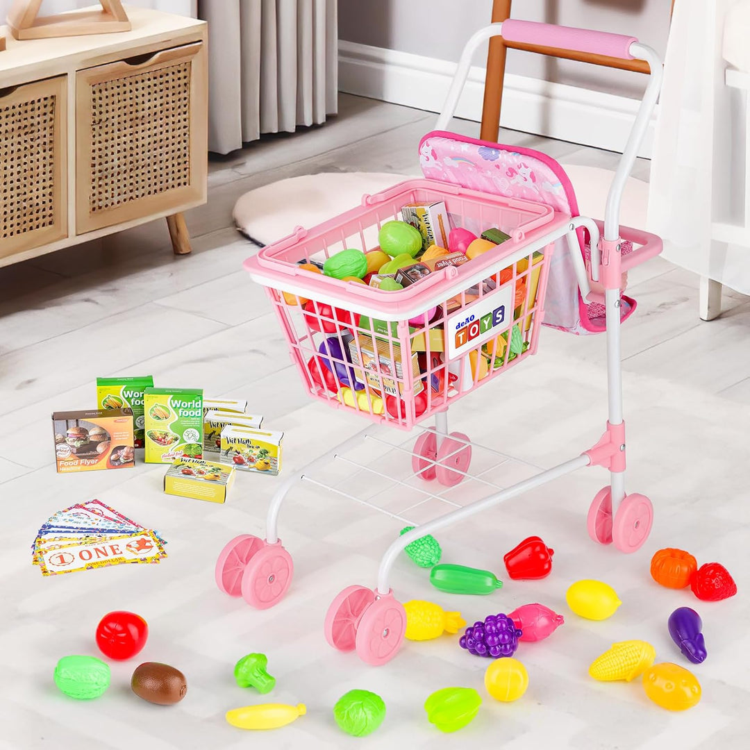 deAO Metall Einkaufswagen für Kinder, 47 Stück Einkaufswagen Supermarkt Kinder mit Einkaufstasche au