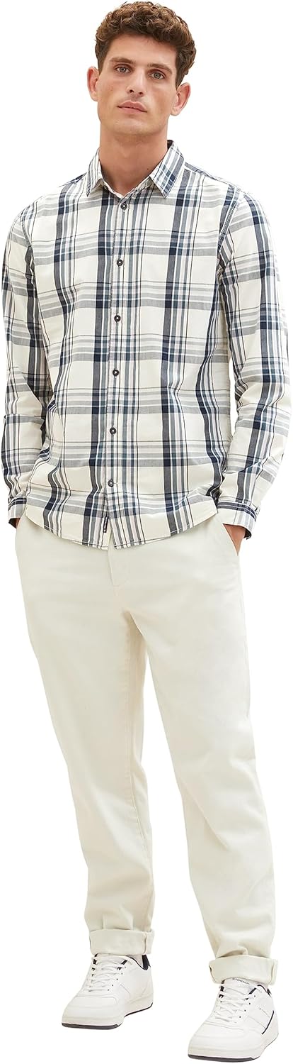 TOM TAILOR Herren Regular Fit Karo-Hemd aus Baumwolle L 32280 - Off White Teal Lilac Check, L 32280