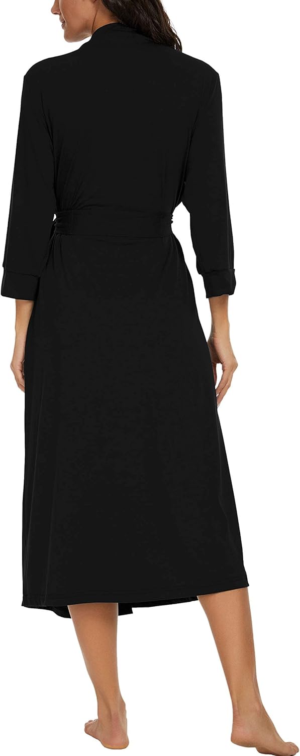 PrinStory Damen Bademantel Leichter 3/4 Ärmeln Morgenmantel V-Ausschnitt Kimono Roben Langes Nachtwä