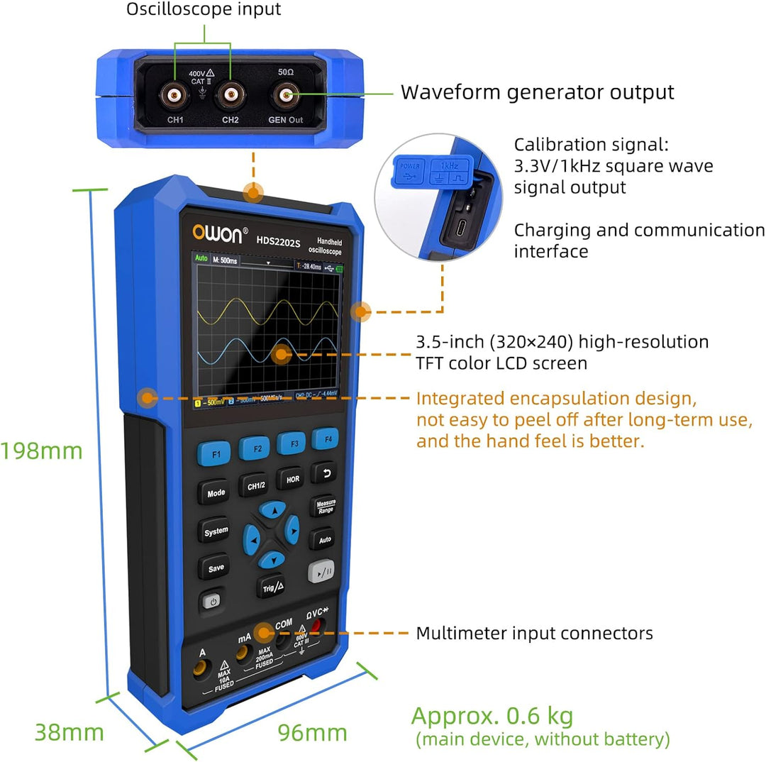 OWON HDS2202S Handheld Oszilloskop, 20000 Counts Digital multimeter,2Kanal Digitaloszilloskop Tragba