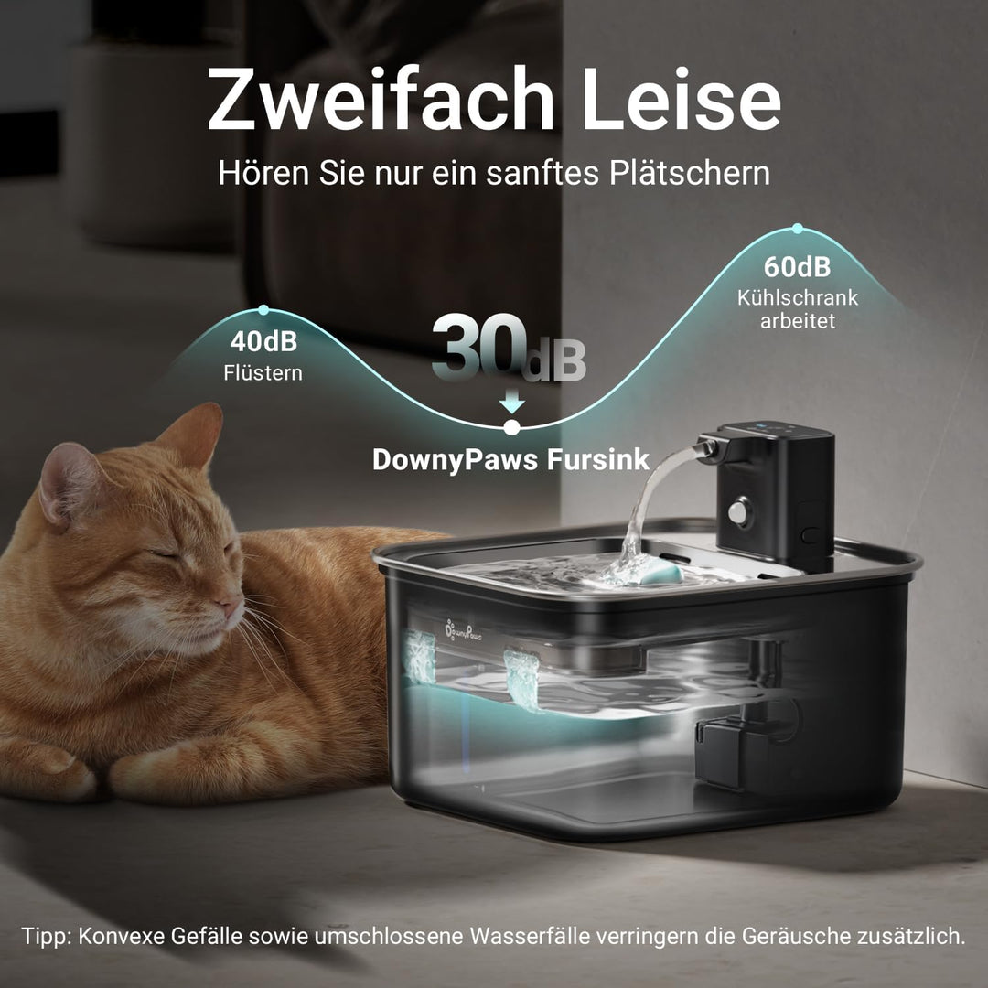 DownyPaws Katzenbrunnen Edelstahl Kabellos, Trinkbrunnen für Katze Edelstahl mit Bewegungsmelder und