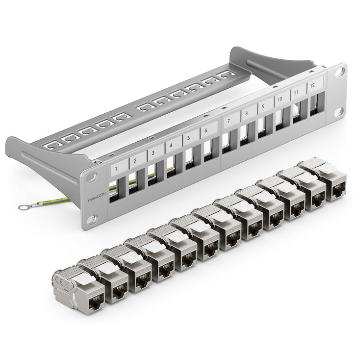 deleyCON 12 Port Patchpanel Set Patchfeld Modular 1 HE 10" Zoll Rackeinbau + 12x RJ45 Keystone Modul