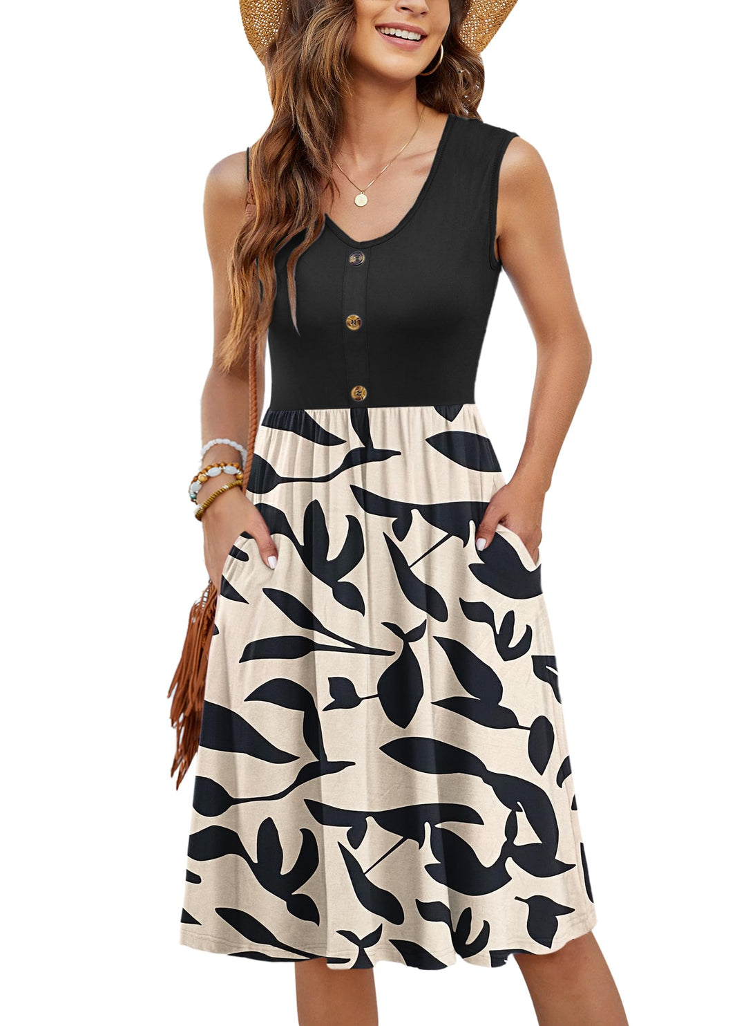 MOLERANI Damen Sommerkleider Ärmellos Lässig Locker Swing Button-Down Midikleid mit Taschen M Apriko