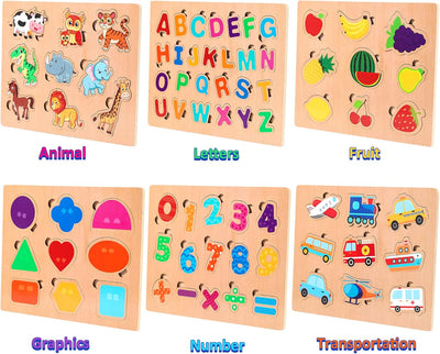 lenbest 6er Set Kinder Holzpuzzle - Montessori Spielzeug - Tier Alphabet Nummer Fahrzeuge Form Fruch