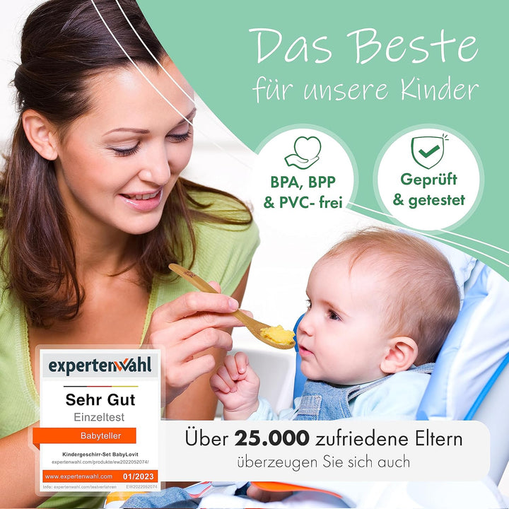 Babylovit Bambus Kinderteller | TÜV Geprüfter Baby Teller mit Saugnapf &amp; Esslernbesteck | BLW Beikos