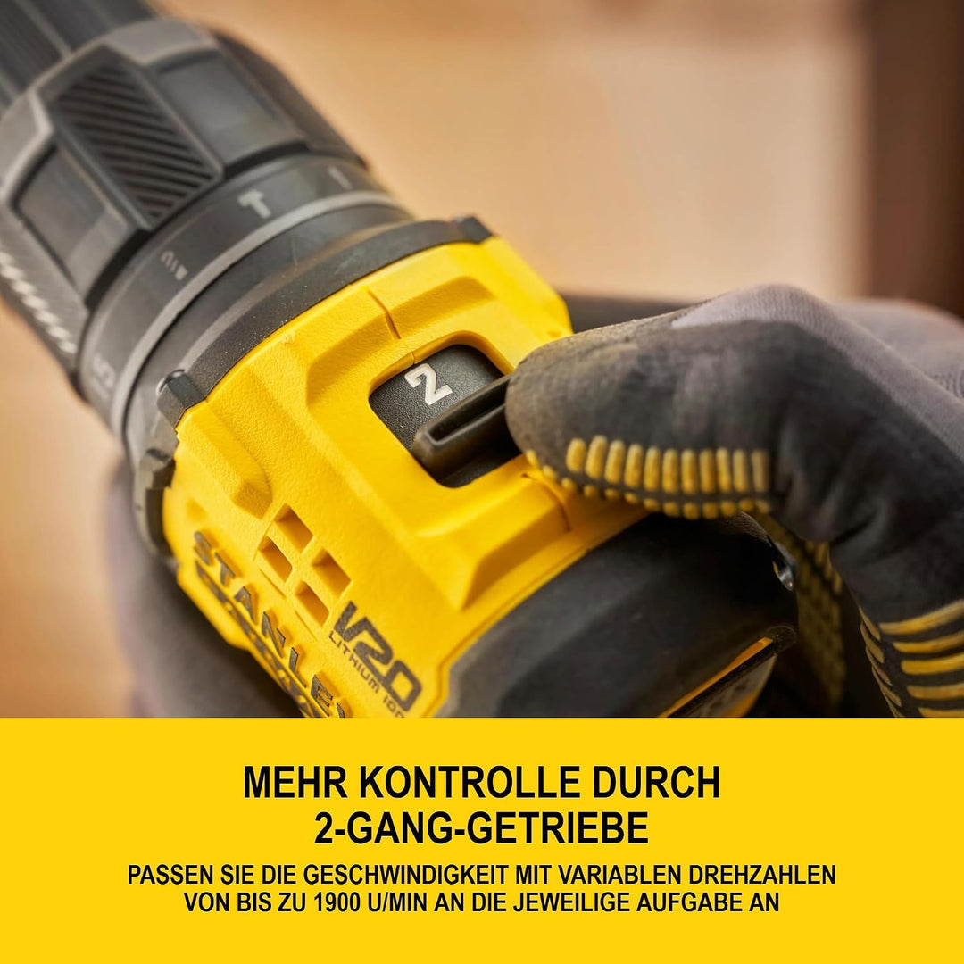 STANLEY V20 Akku-Schlagbohrschrauber, bürstenlos, 2-Gang, inklusive 2x 2,0 Ah Li-Ion-Akku, 1,25 A La
