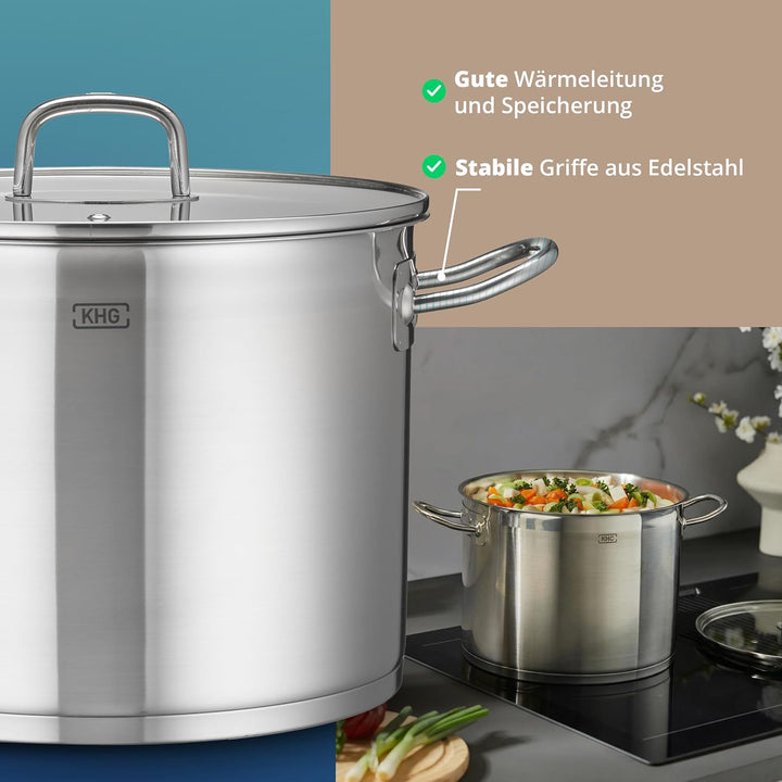 KHG Topf Kochtopf 26 cm, 9 Liter Induktion, Edelstahl unbeschichtet inkl. Glasdeckel - XXL Suppentop