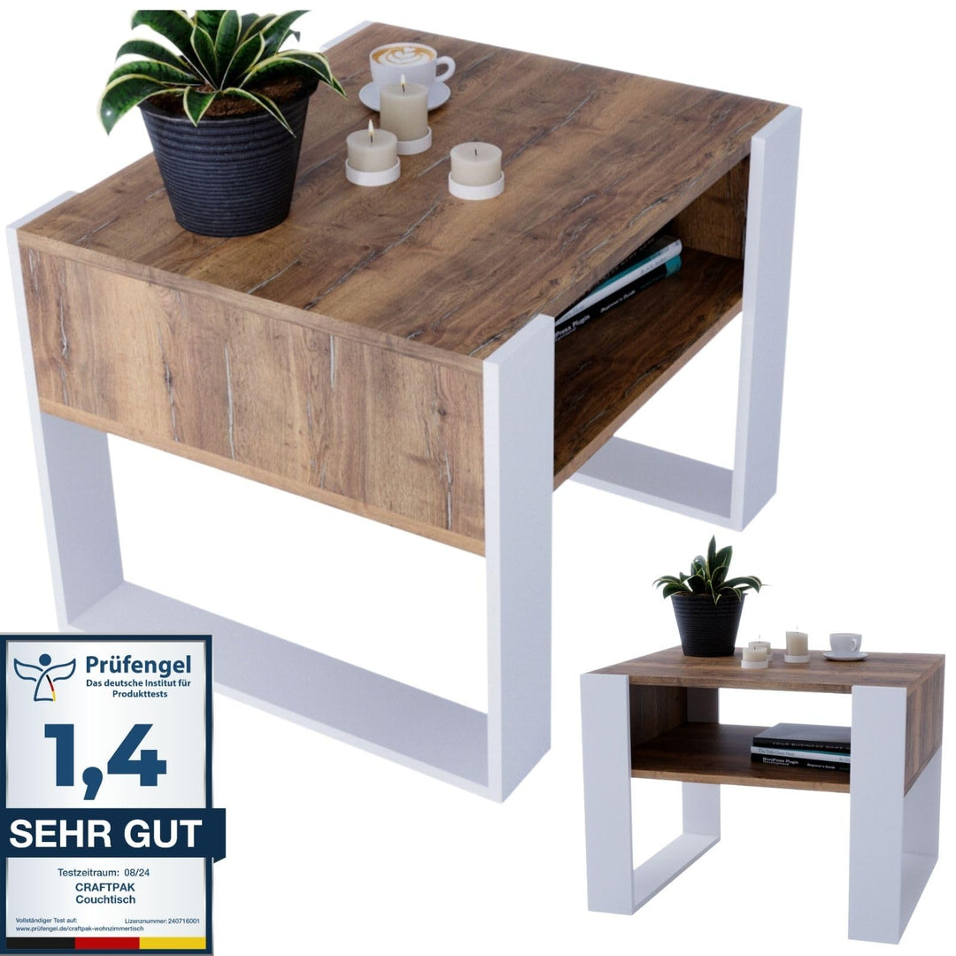 CraftPAK Wohnzimmer Tisch für Couch aus hochwertigem Holz, Stabiler & moderner Couchtisch mit zusätz