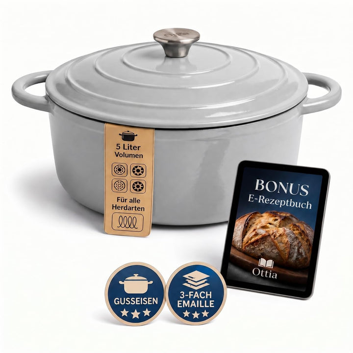 Ottia Gusseisen Topf [inkl. eBook] – Emaille Topf 26cm - Dutch Oven, Brotbackform, Brotbacktopf, Sch