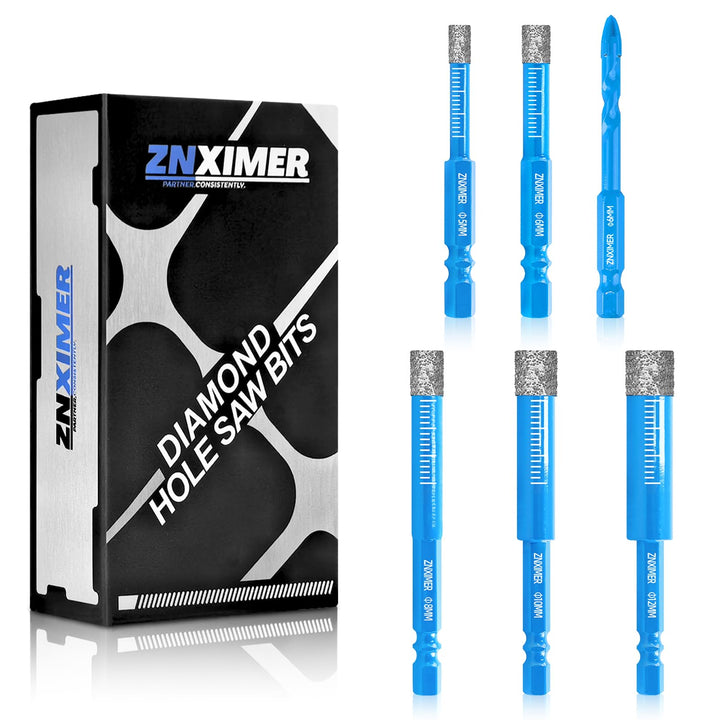 Fliesenbohrer Diamantbohrer Glasbohrer Set 6-tlg. 5, 6, 8, 10, 12 mm + 6 mm Karbidbohrer für Keramik