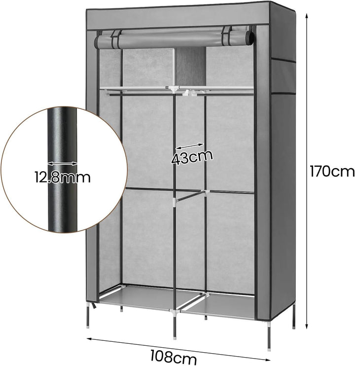Faltschrank 108x45x170 cm Stoffkleiderschrank mit Reissverschluss und Kleiderstange, Seitentasche &
