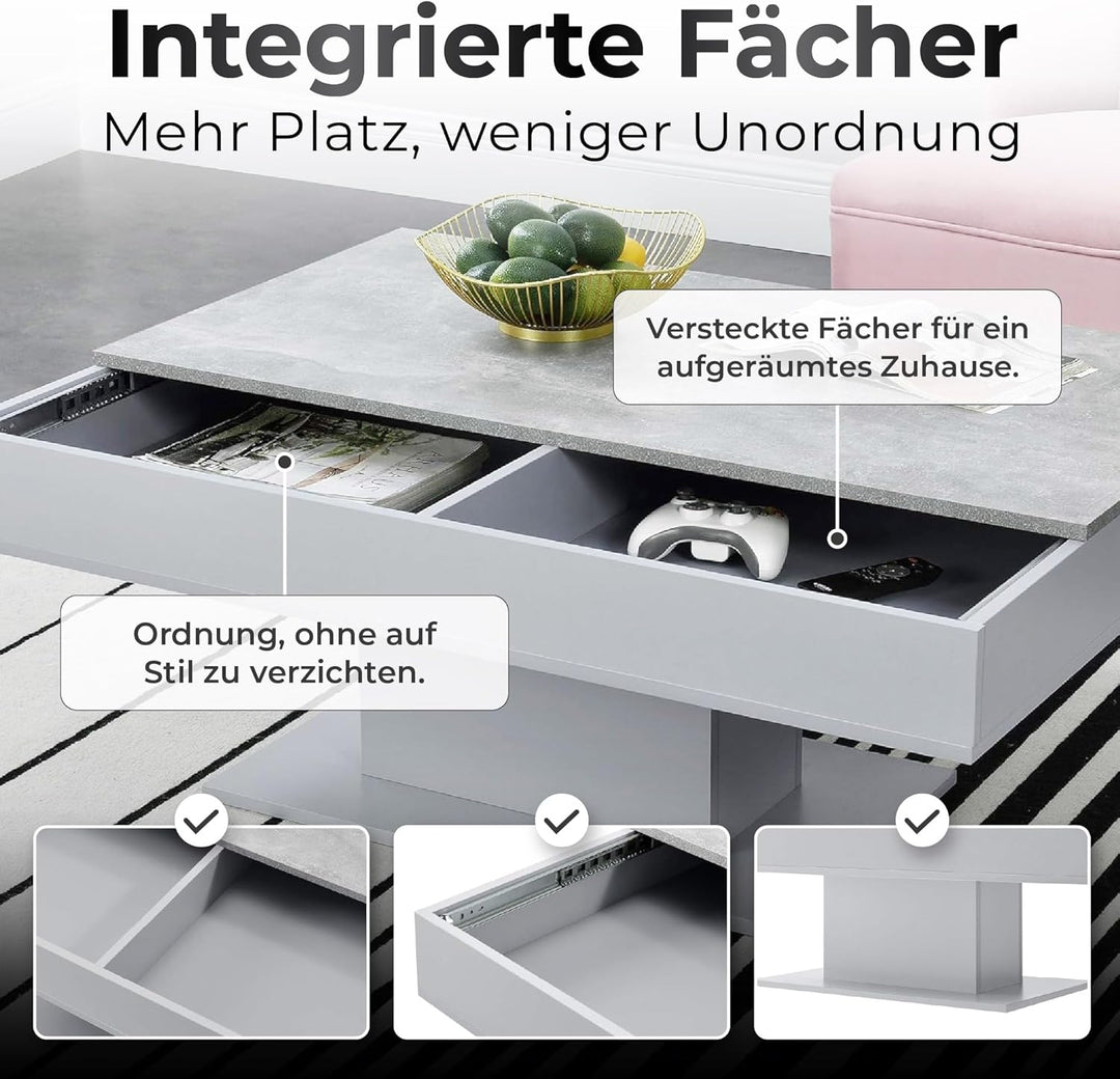 [en.casa] Couchtisch mit 2 Staufächern unter Schiebeplatte Wohnzimmertisch mit Truhefunktion Kaffeet
