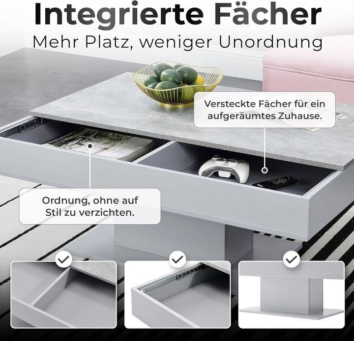 [en.casa] Couchtisch mit 2 Staufächern unter Schiebeplatte Wohnzimmertisch mit Truhefunktion Kaffeet