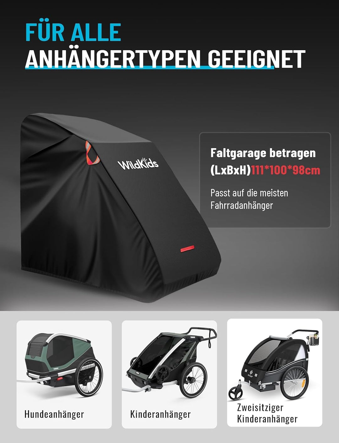 WildKids Universelle Abdeckung für Fahrradanhänger (Einzel- und Doppelsitzer) | Reissfest, UV-bestän