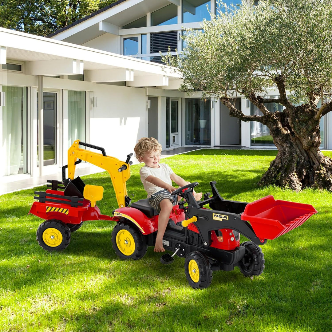 DREAMADE Trettraktor, Kindertraktor mit Anhänger &amp; Schaufel &amp; Frontlader, Kinderbagger Sitzbagger mi