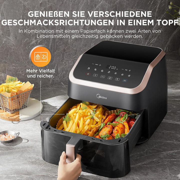 Midea Heissluftfritteuse XXL AirFryer 8.5L, 8-in-1 Heissluftfritteuse mit Sichtfenster, Extra breite