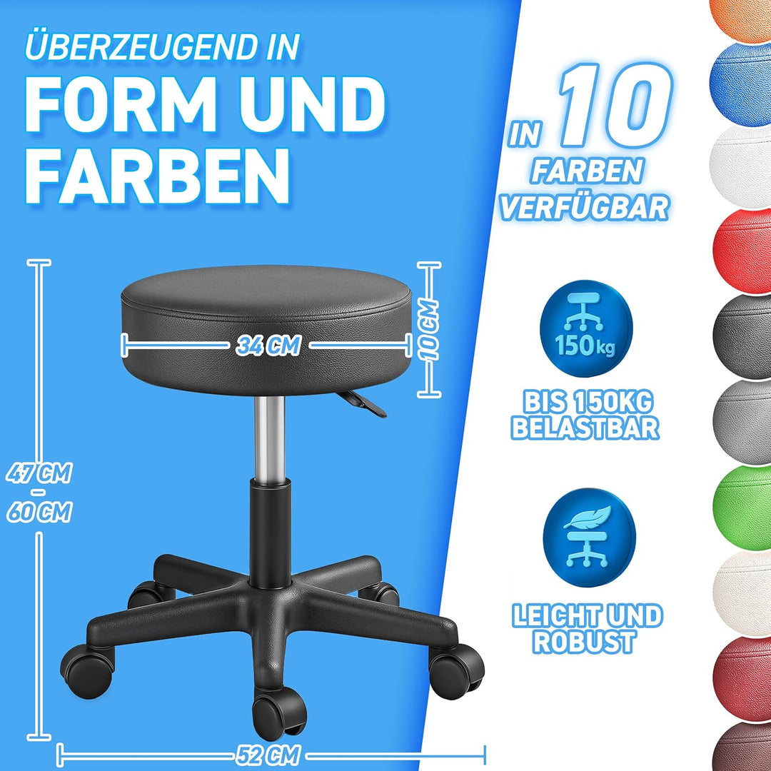 TRESKO Rollhocker höhenverstellbar bis 150 kg | Hocker Drehhocker 10 cm Dicke Polsterung 47-60 cm Si