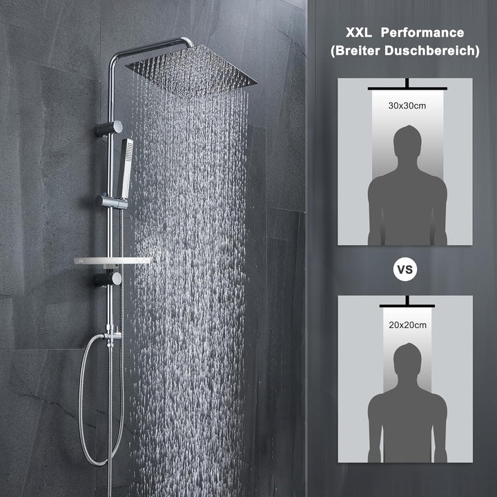 Görbach Regendusche Duschset Duschsystem mit Ablage Chrom Duschstangeset ohne Duscharmatur (35x25) &