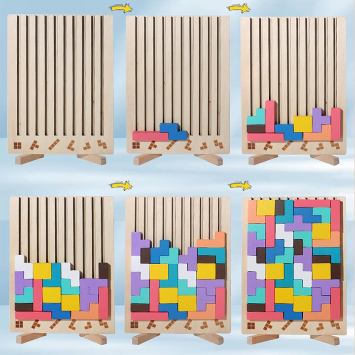 Tetris Holzpuzzle Kinder, Holz Tetris Stapelpuzzle Spielzeug mit 10 Karten, 3D Bunt Tetris Blöcke St